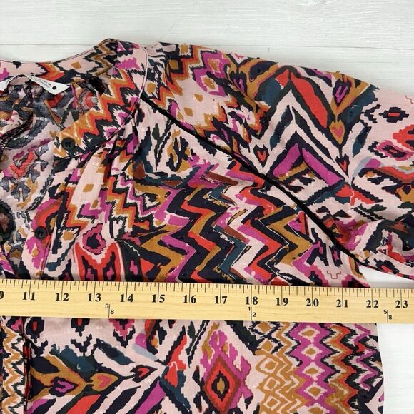 Zara Long Sleeve Mini Dress L Red Pink Geometric Tribal Print Button Front Boho - Picture 12 of 16
